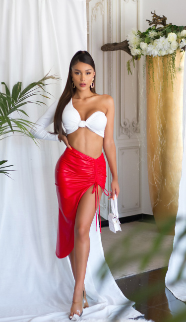 faux leather skirt with XL leg slit Red